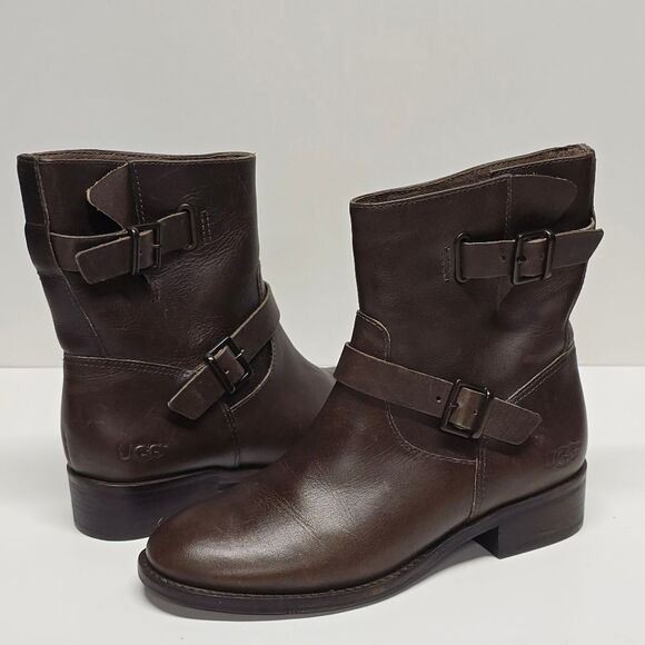 UGG Women's FLETCHER Moto Style Boot WALNUT Brown Leather Size 5 NEW - Picture 1 of 8